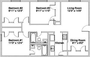 Three Bedroom / Two Bath - 1,052 Sq. Ft.*